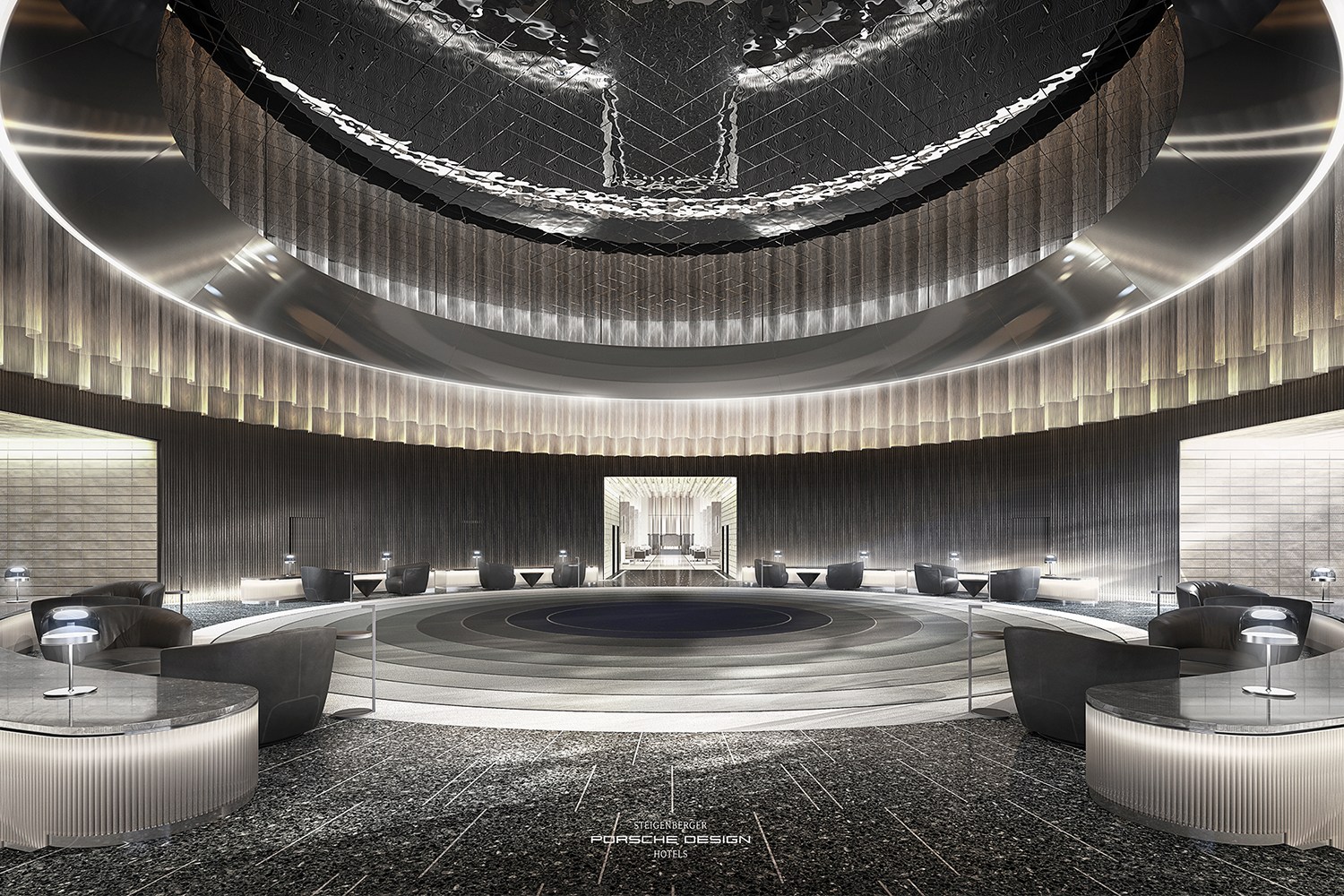 A rendering of the reception area in a new hotel from Steigenberger Porsche Design Hotels, a new hotel brand in the luxury lifestyle segment