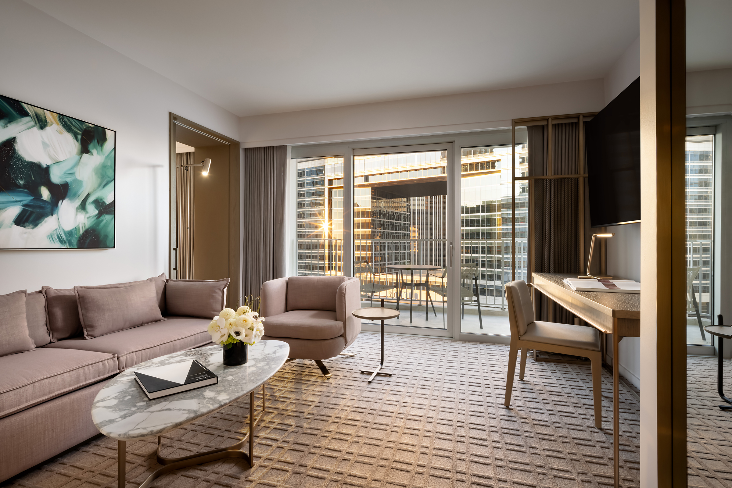 Updated rooms at the renovated Fairmont Century Plaza Hotel.
