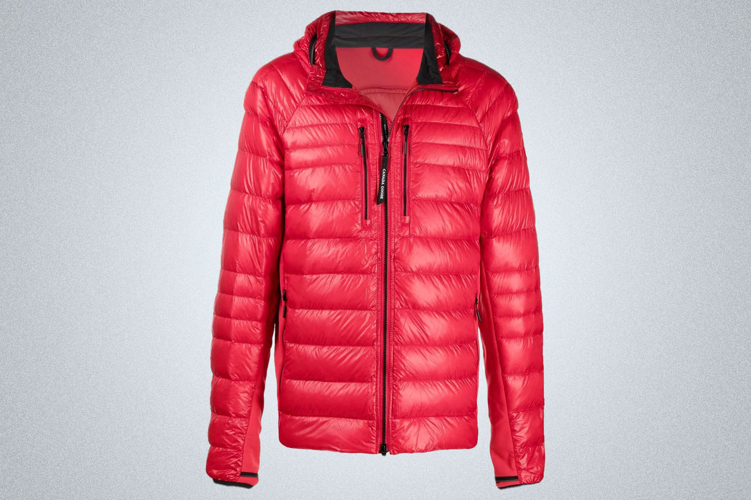 a bright red puffer jacket