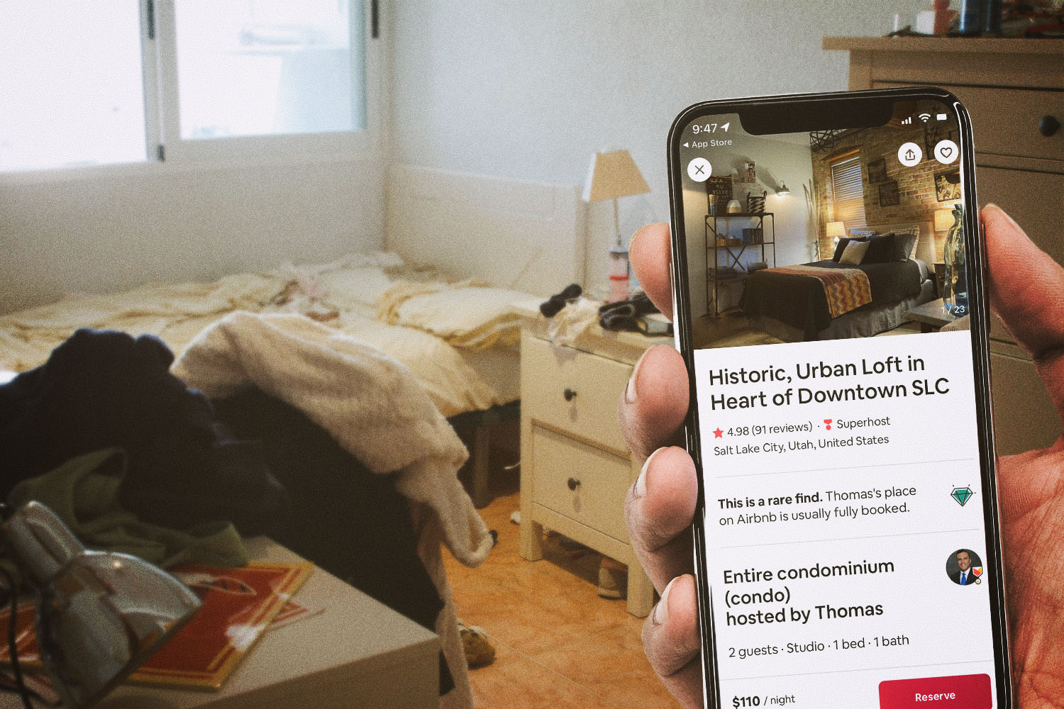 a messy bedroom that looks nothing like the photos that were posted on Airbnb