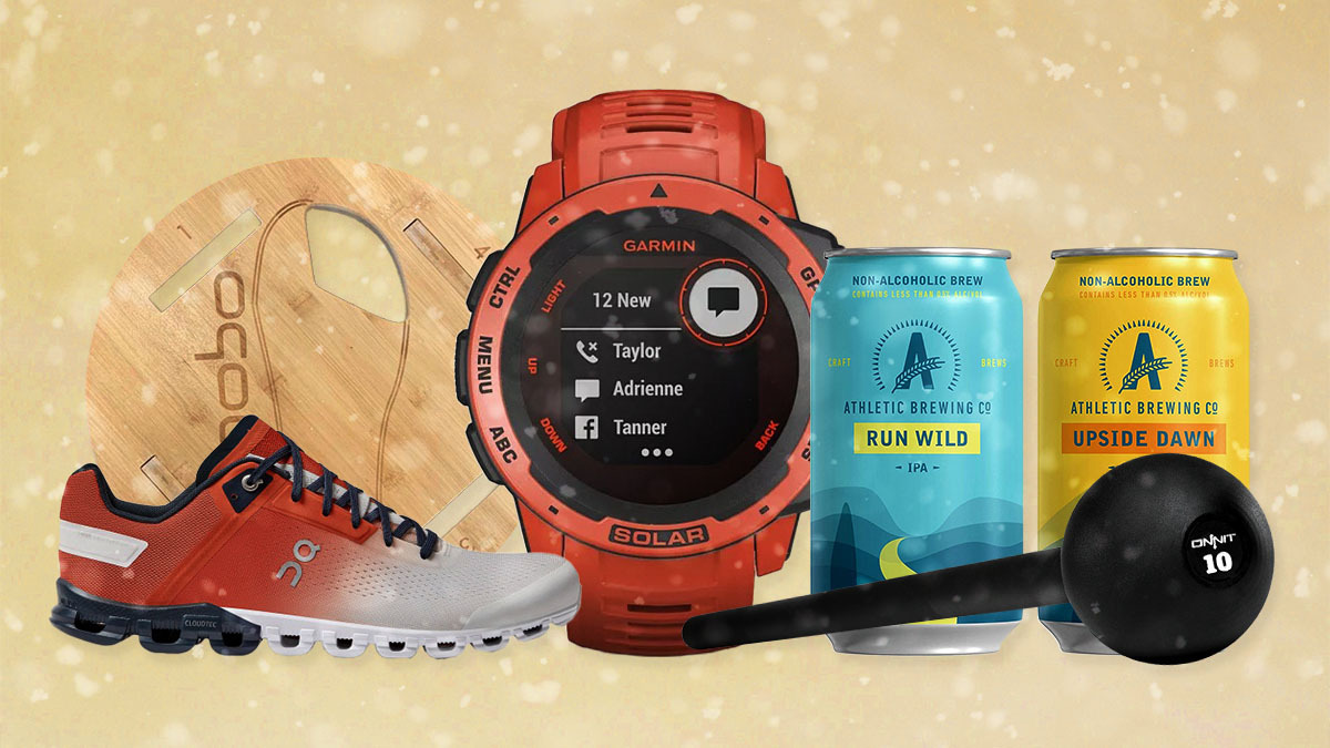 A collage of Fitness gifts on a steely grey flecked background