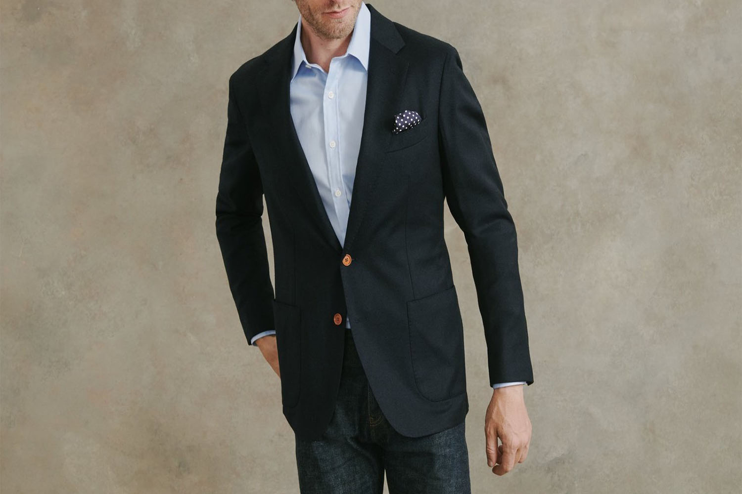 a navy blazer on a model