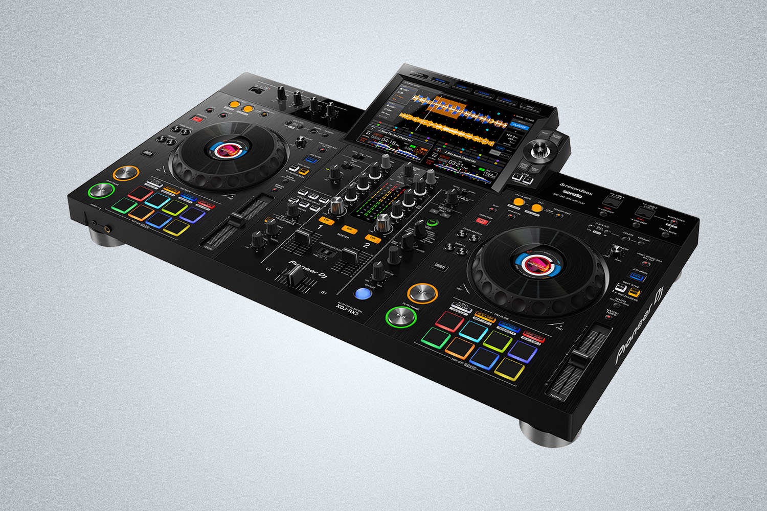 a black DJ consume with many nobs, buttons, and tables