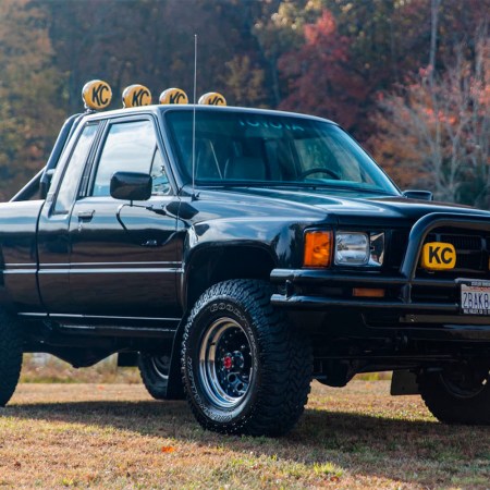 A 1985 Toyota Xtra Cab SR-5 Pickup Truck, Otherwise Known as the Hilux, made to look like Marty McFly's truck from "Back to the Future." It's headed to auction in December 2021 courtesy of Mecum Auctions.