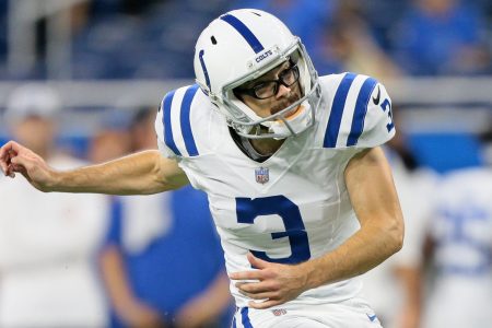 Indianapolis Colts kicker Rodrigo Blankenship attempts an extra point