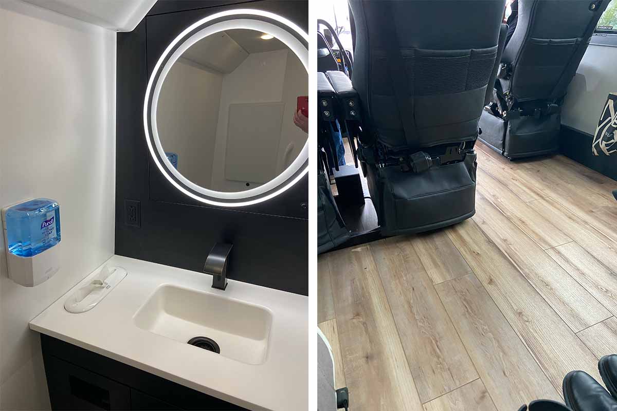 Bathroom and floor shots of The Jet, a new luxury bus line