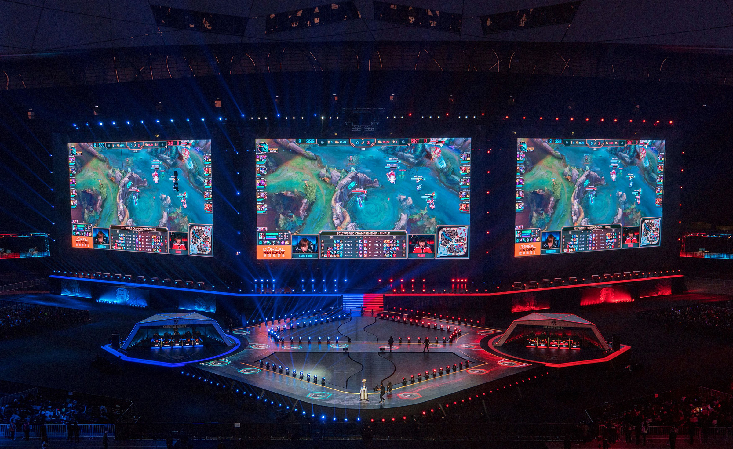 The scene at the World Championships Final of League of Legends at the Bird's Nest in Beijing on November 4, 2017