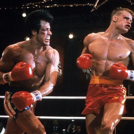 Rocky Balboa (played by Sylvester Stallone) punching Ivan Drago (played by Dolph Lundgren) in the movie Rocky IV, which is being re-released in November 2021