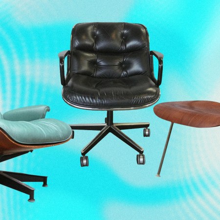 An Eames Lounge Chair, Eames Pollock Desk Chair and Eames LCM Chair, all restored by Patina NYC