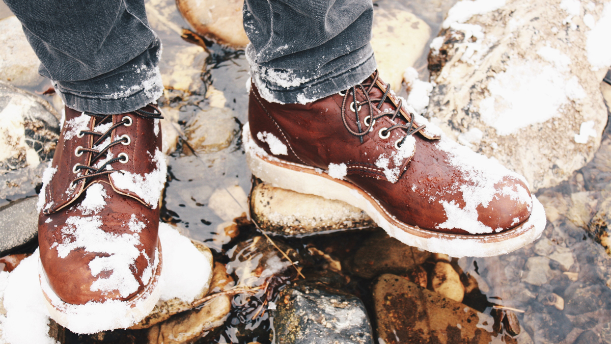 leather boots in snow