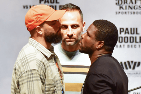 Frank Gore and Deron Williams size up during a press conference at the Seminole Hard Rock Tampa