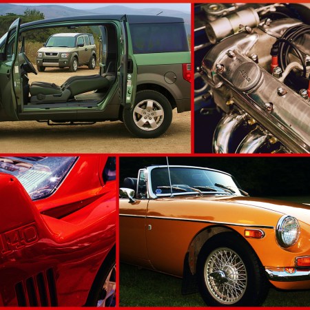 A photo of a Honda Element, Jaguar engine, 1972 MGB and Ferrari F40