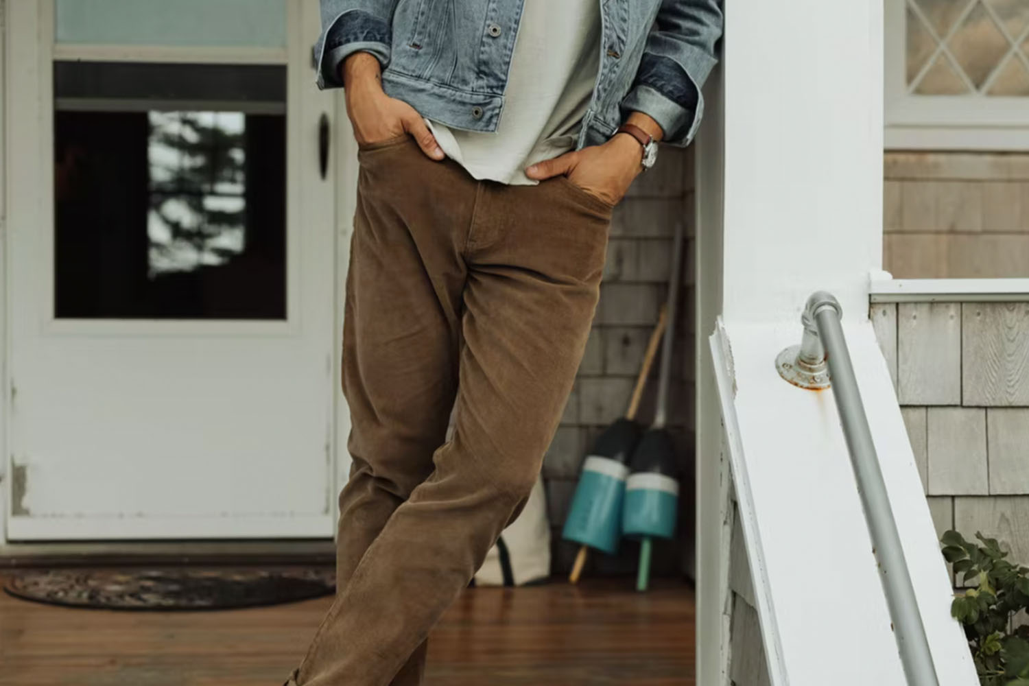 A model in a pair of tan 364 corduroys from Flint and Tinder