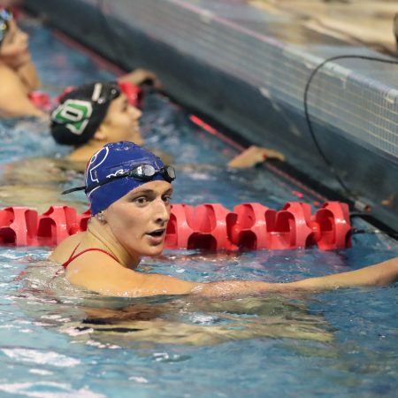 Lia Thomas of the Pennsylvania Quakers after finishing a freestyle event during a tri-meet against the Yale Bulldogs and the Dartmouth Big Green at Sheerr Pool on the campus of the University of Pennsylvania on January 8, 2022.