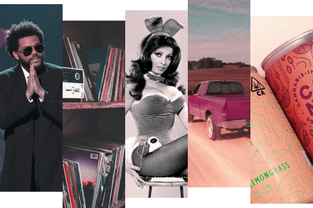 From left: The Weeknd giving an acceptance speech, a stack of records, a vintage photo of a Playboy bunny, a pickup truck and a can of CBD soda