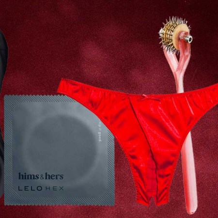 A black stroker, grey condom wrapper, red panty, pink pinwheel and orange suction vibrator,perfect Valentine's Day gifts, on a red background