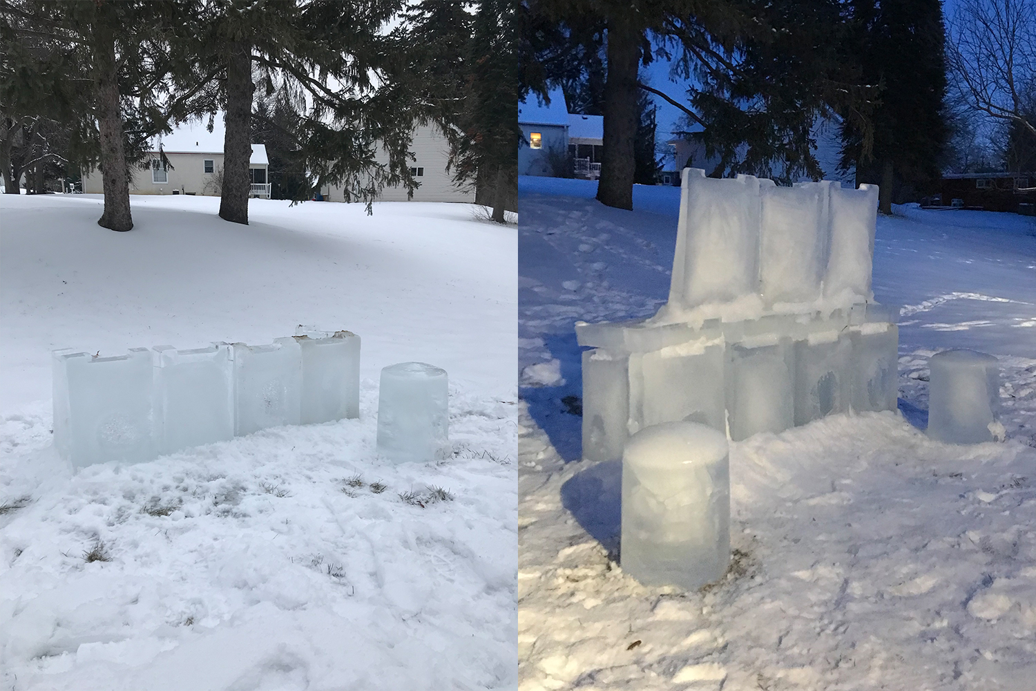 Two stages of making an ice bar, the first tier in the snow on the left and the second tier with ice blocks on the right