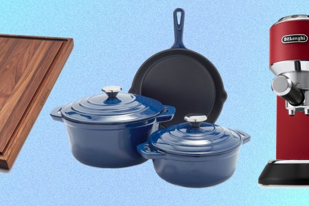 A cutting board, set of cast iron cookware and espresso machine, all of which are on sale at Sur La Table's Overstock Sale