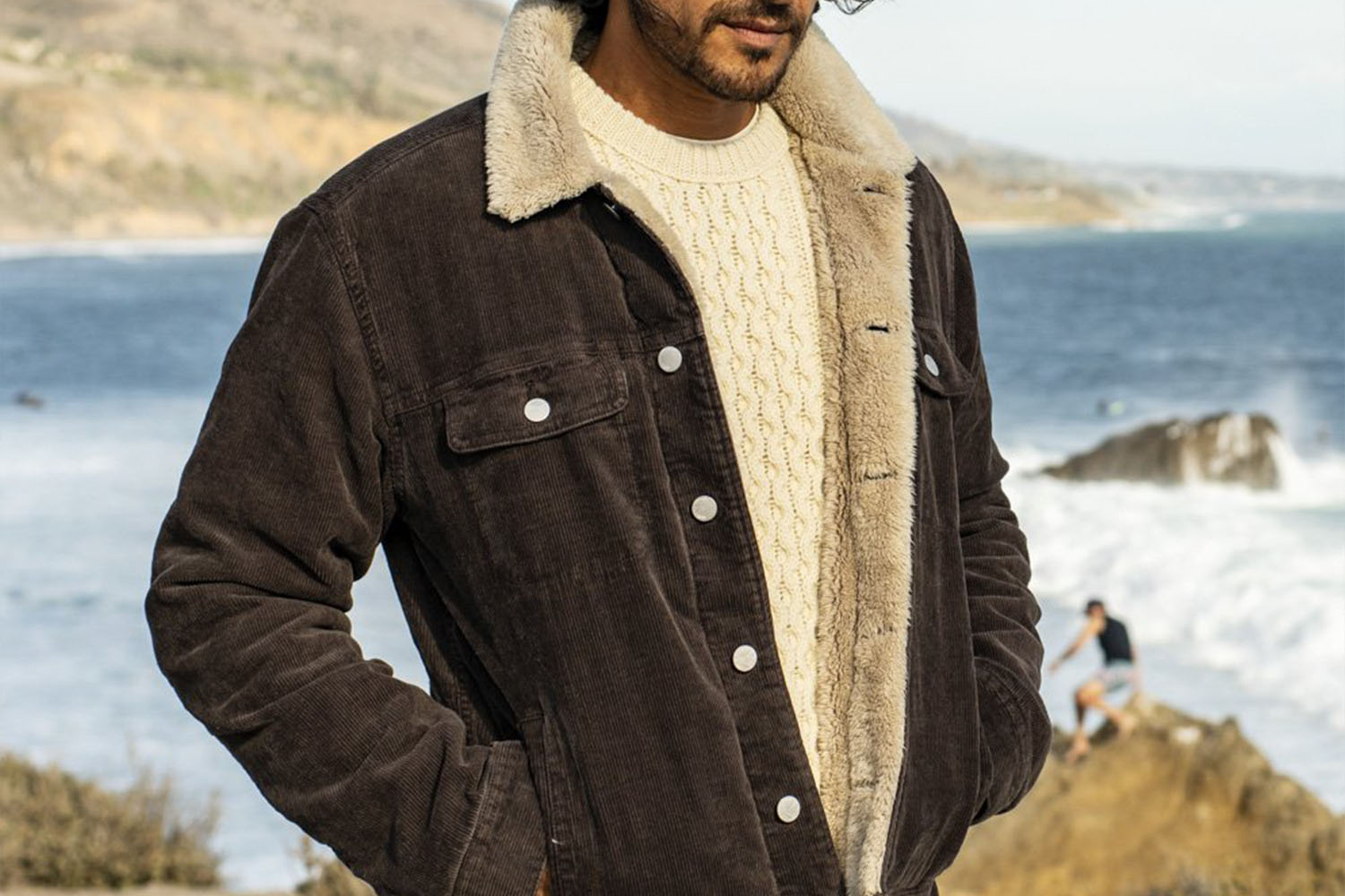 a brown corduroy jacket on a model