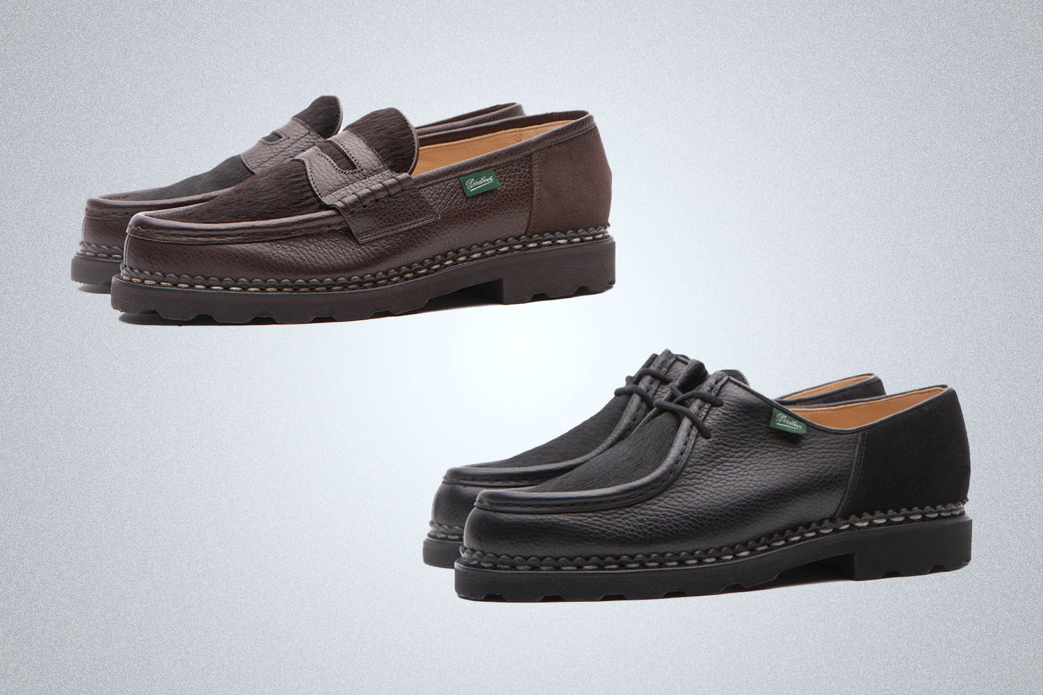 two pairs of leather shoes, one loafer and one derby