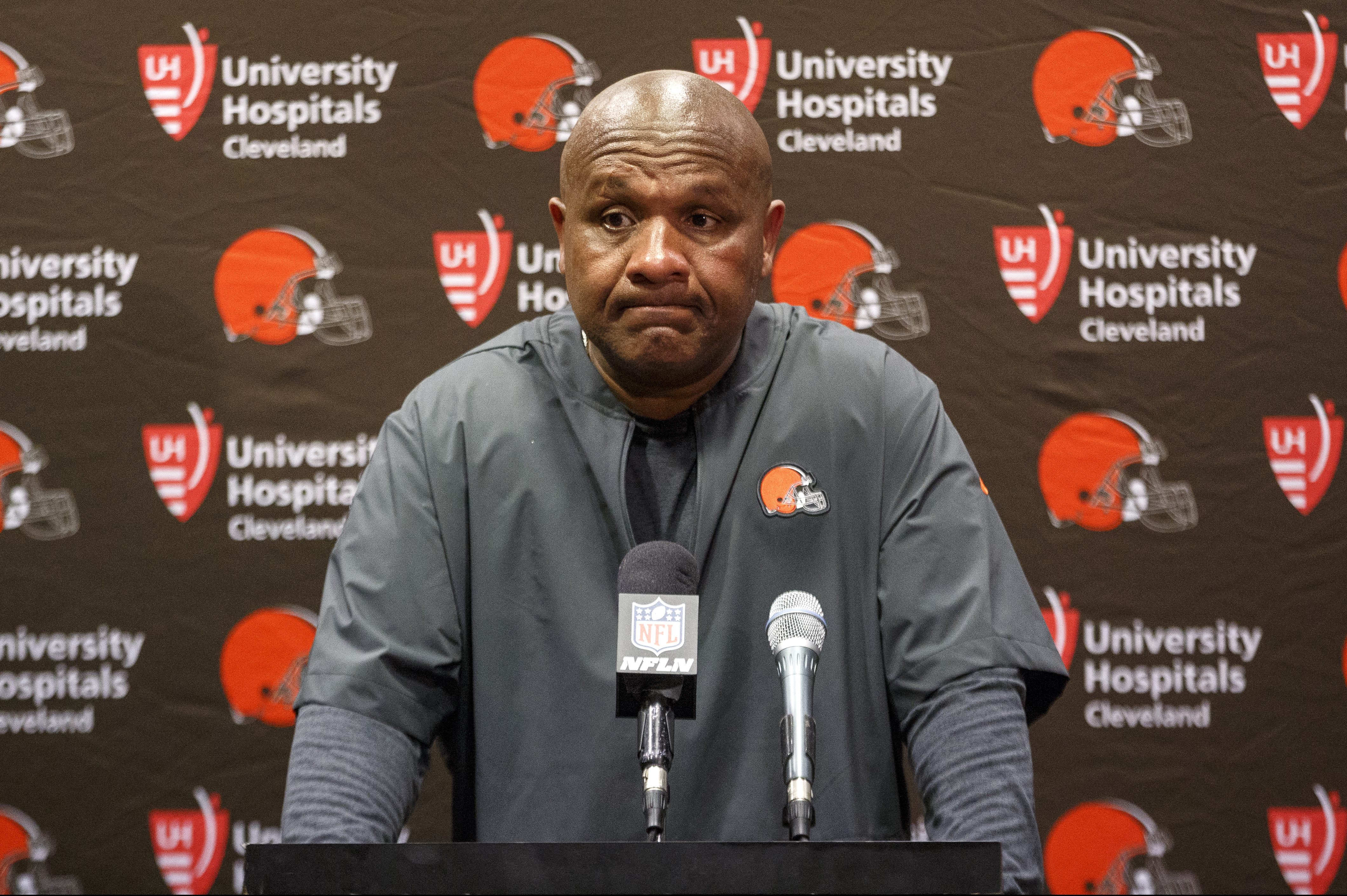 Former Browns head coach Hue Jackson addresses the media
