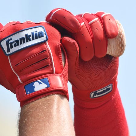 A detailed view of the Franklin batting gloves worn by Hunter Renfroe. MLB is arguing that minor league players should no be paid a salary during spring training.