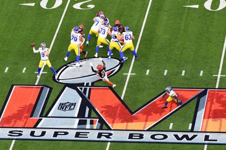 Rams quarterback Matthew Stafford throws a pass during Super Bowl LVI. Gambling records may have been broken during this year's Super Bowls as legal sports betting takes place in more states.