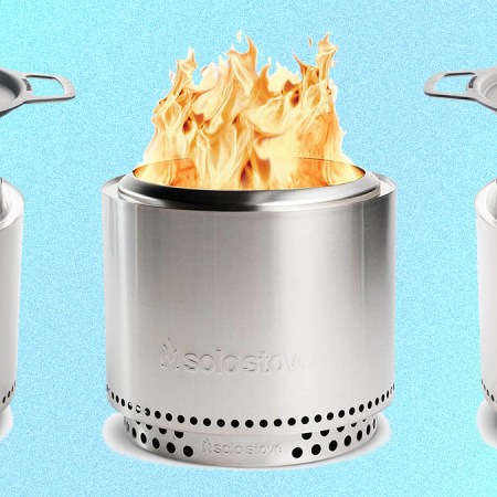 Three stainless steel Bonfire firepits from Solo Stove, one with a roaring fire and two with cast iron grills on top