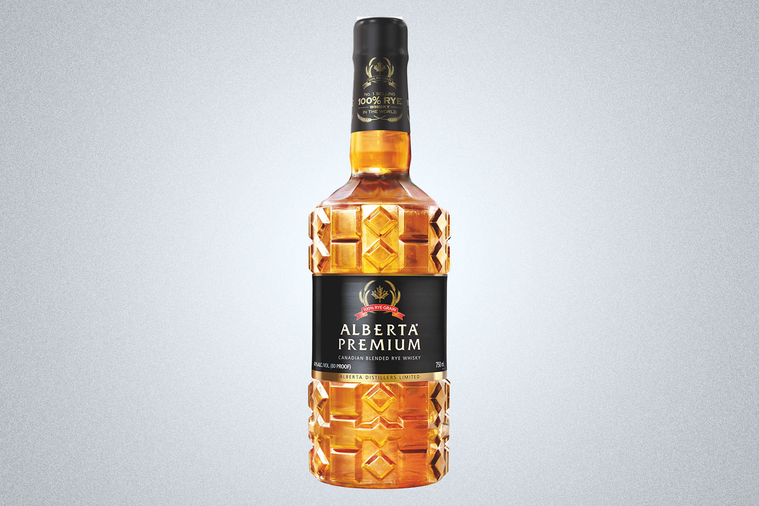 a bottle of whiskey on a grey background