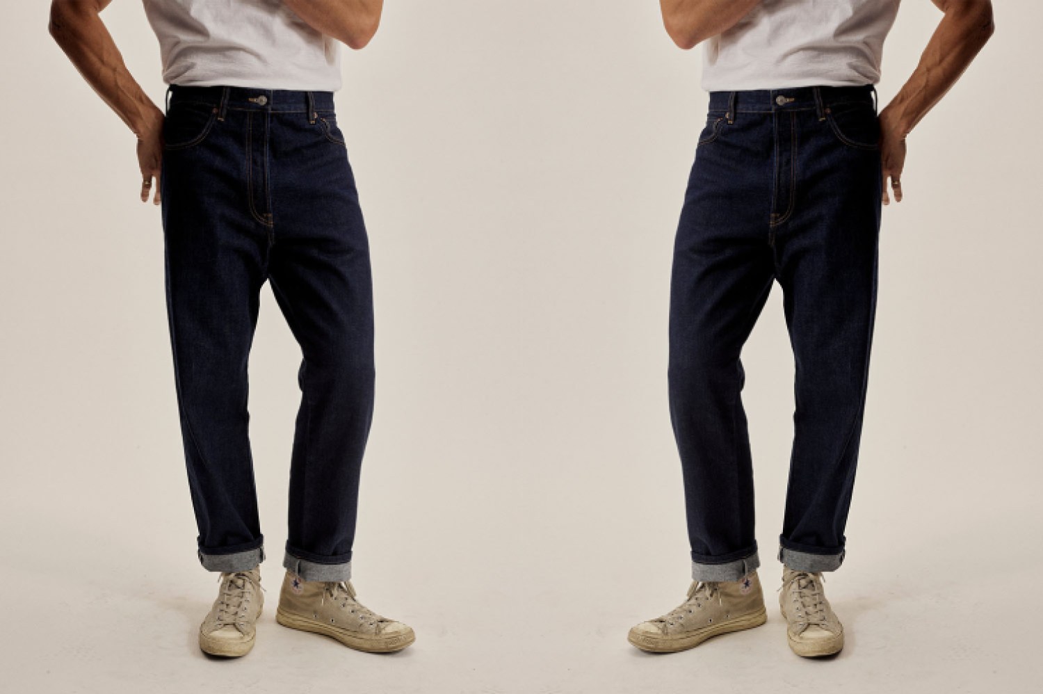 a reverse image of a moedel in buck mason jeans 