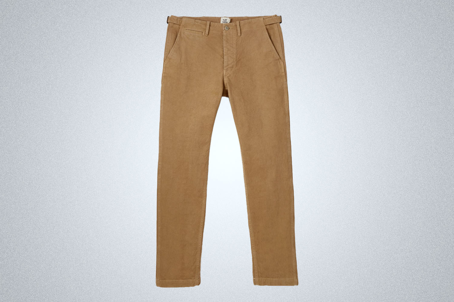 a pair of chino trousers on a grey background
