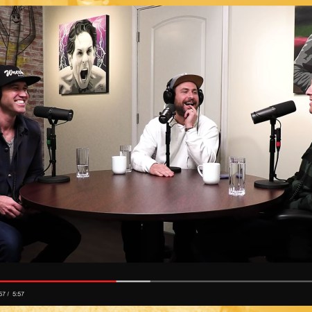 Rob McElhenney, Charlie Day and Glenn Howerton record an episode of the "Always Sunny" podcast.