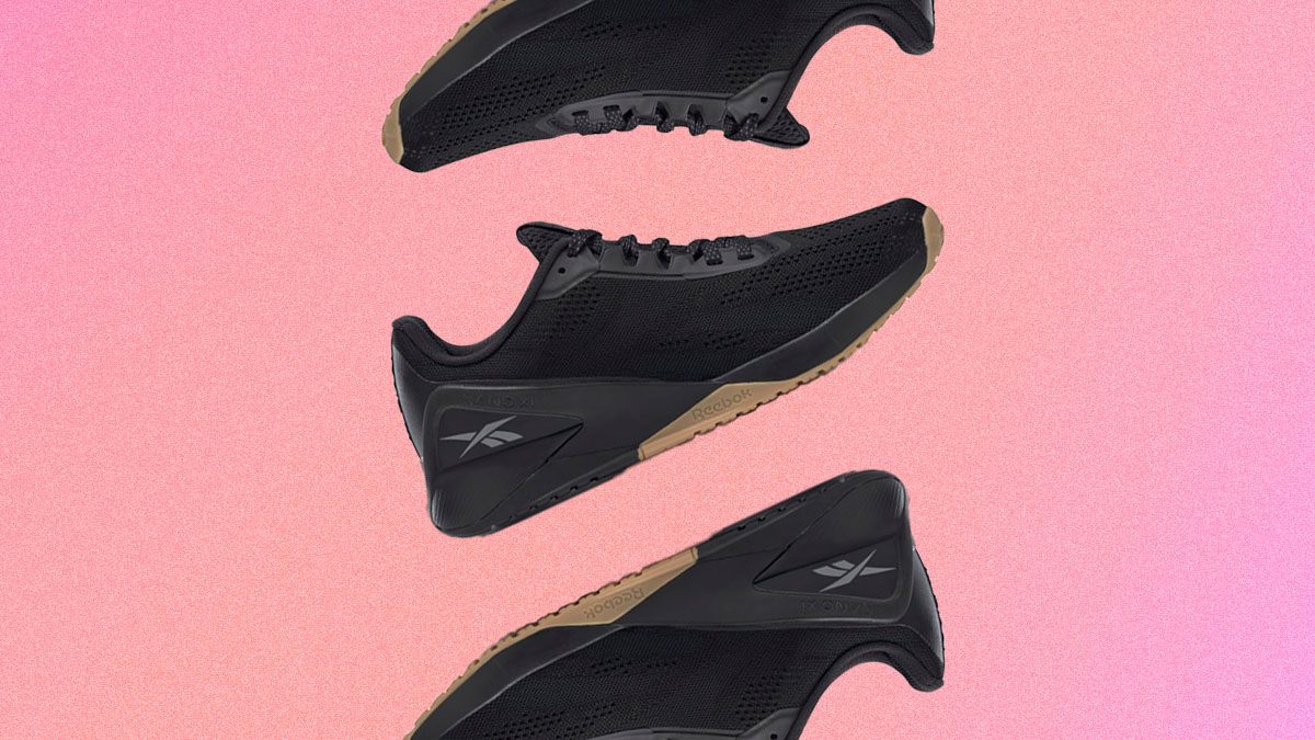 a pair of sneakers collaged on a pink background
