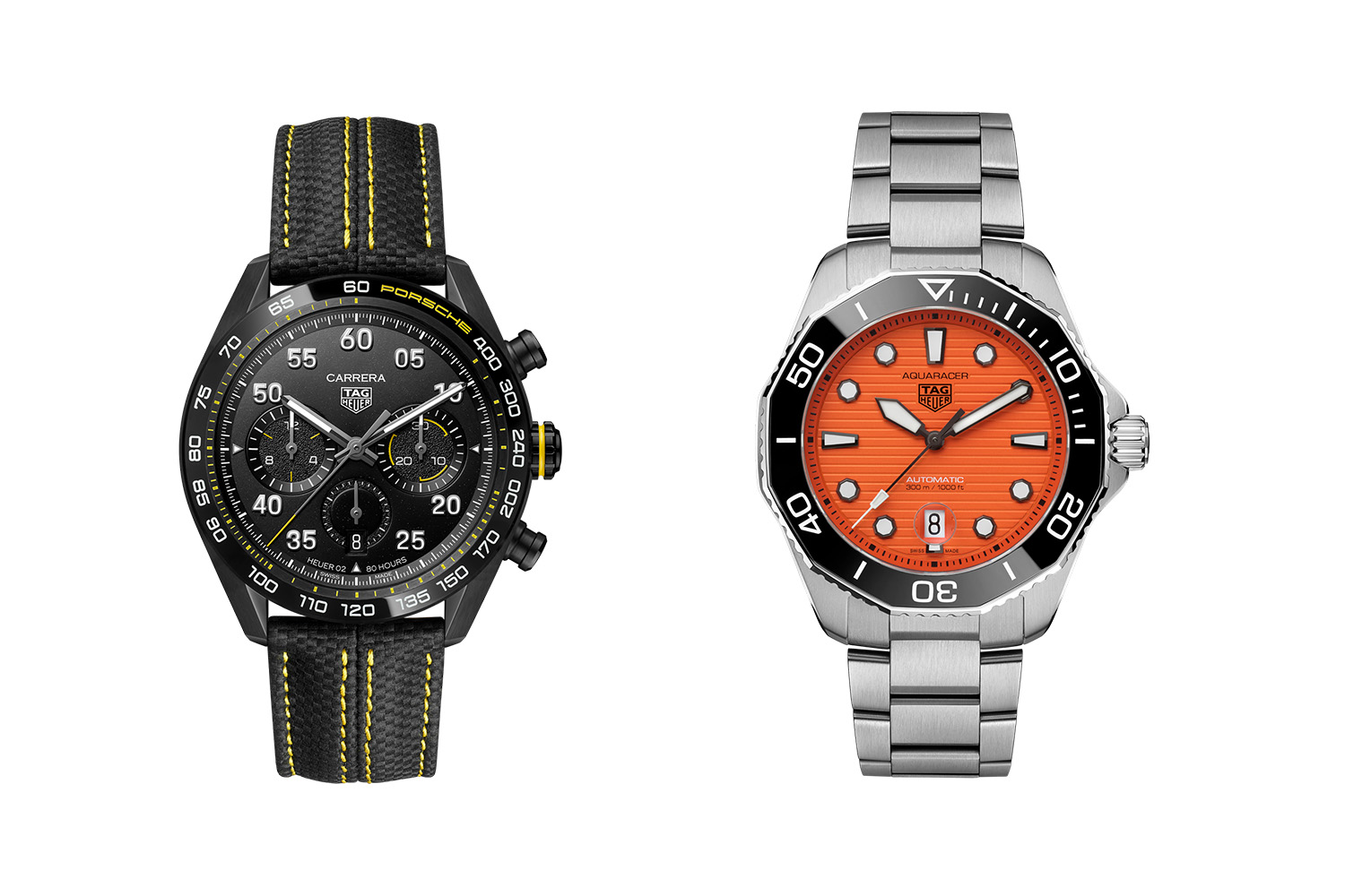 Right: Carrera X Porsche Limited Edition Left: Aquaracer Pro 300 Orange Diver