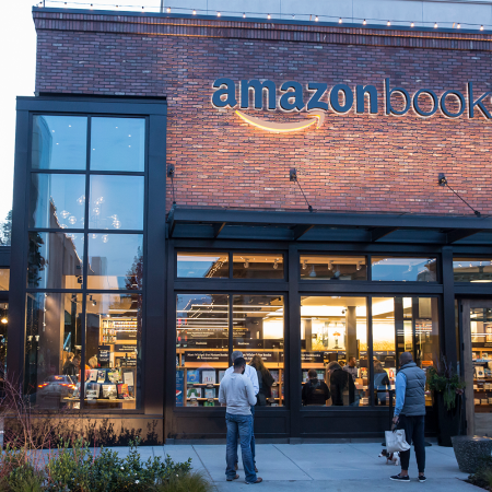 The first Amazon Books brick-and-mortar store in Seattle, Washington pictured in November 4, 2015. As of March 2022, Amazon announced it is closing all of its physical bookstores.