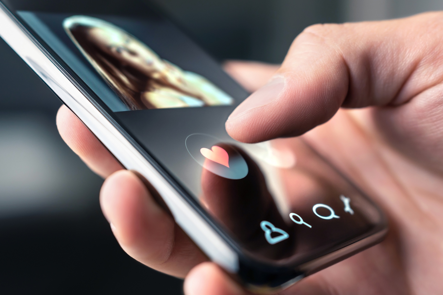 Online dating app in mobile phone. Like or swipe to match. Single man looking for love and relationship with smartphone. Woman with beautiful profile picture on internet site