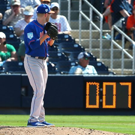 Eric Hanhold gets set as the pitch clock counts down during a spring training game in 2019
