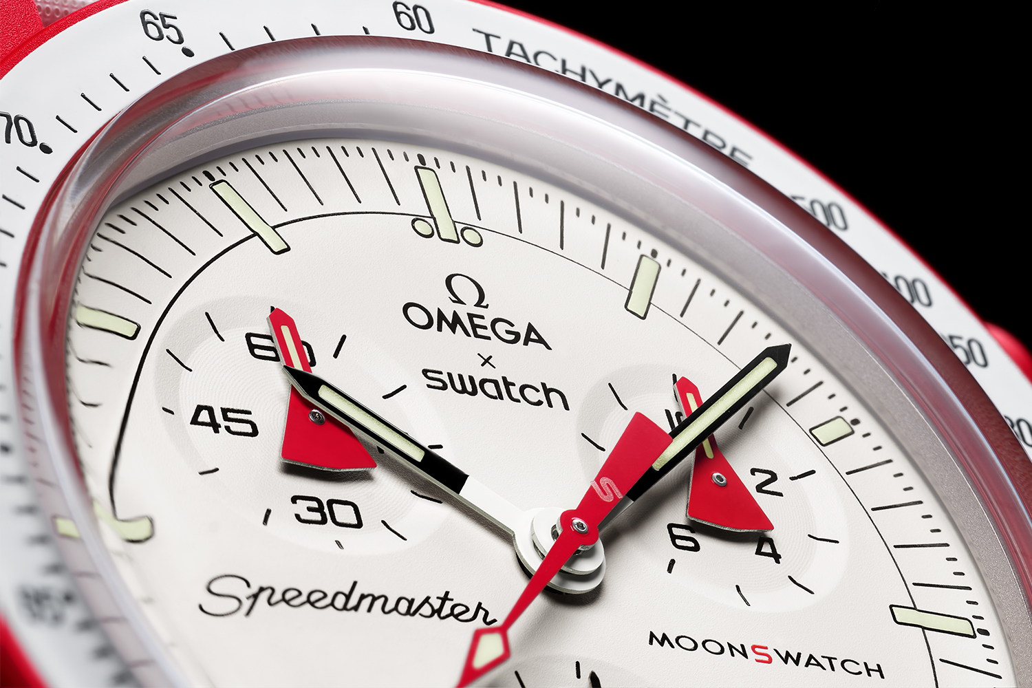 A close-up of the dial on the Mission to Mars MoonSwatch. This week Omega and Swatch announced a collaboration which features 11 watches inspired by the original Moonwatch.