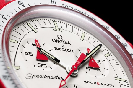 A close-up of the dial on the Mission to Mars MoonSwatch. This week Omega and Swatch announced a collaboration which features 11 watches inspired by the original Moonwatch.