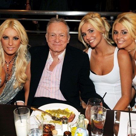 Crystal Harris, Hugh Hefner, Kristina Shannon and Karissa Shannon attend Hugh Hefner's 83rd birthday dinner at Nine Steakhouse at the Palms Resort & Casino on April 4, 2009 in Las Vegas, Nevada.