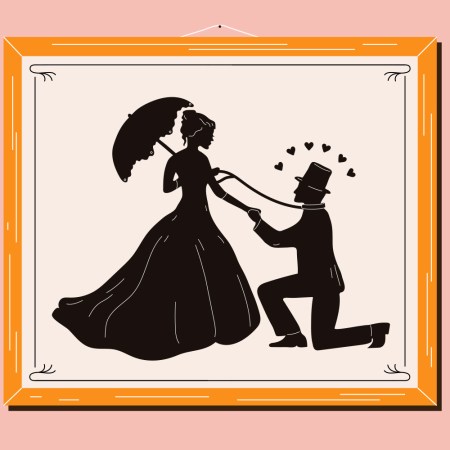 Illustration shows a wall of portraits, featuring a silhouette of a couple in Victorian dress. The man is on his knees and the woman holds a leash around his neck.