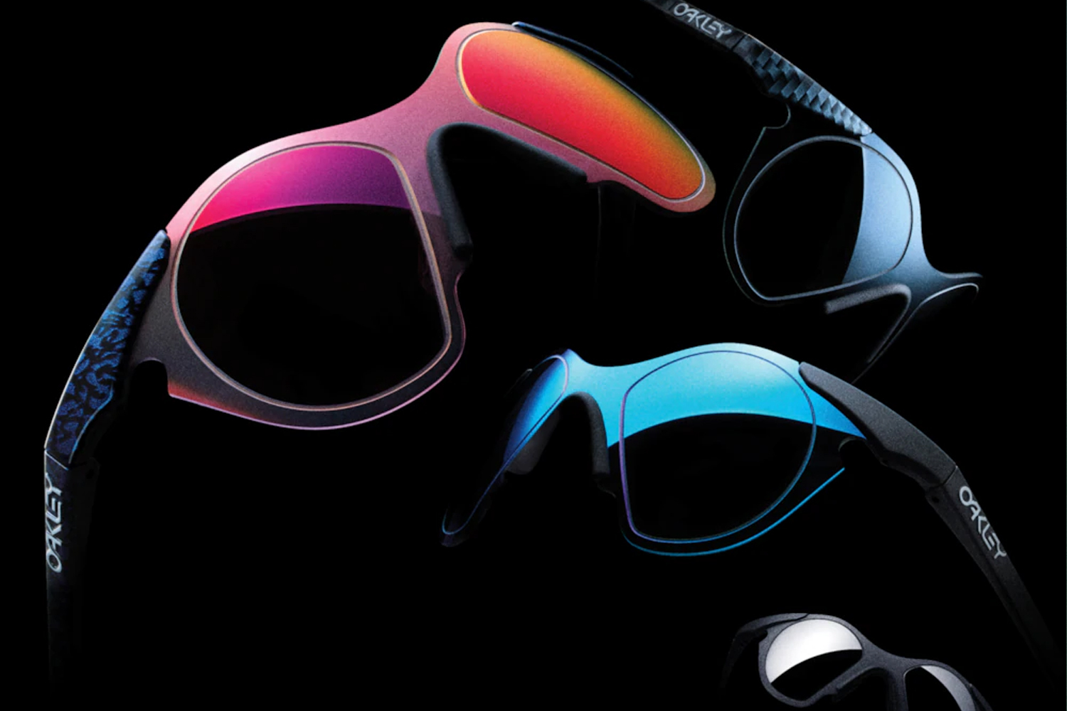 a collage of Oakley sunglasses on a black background