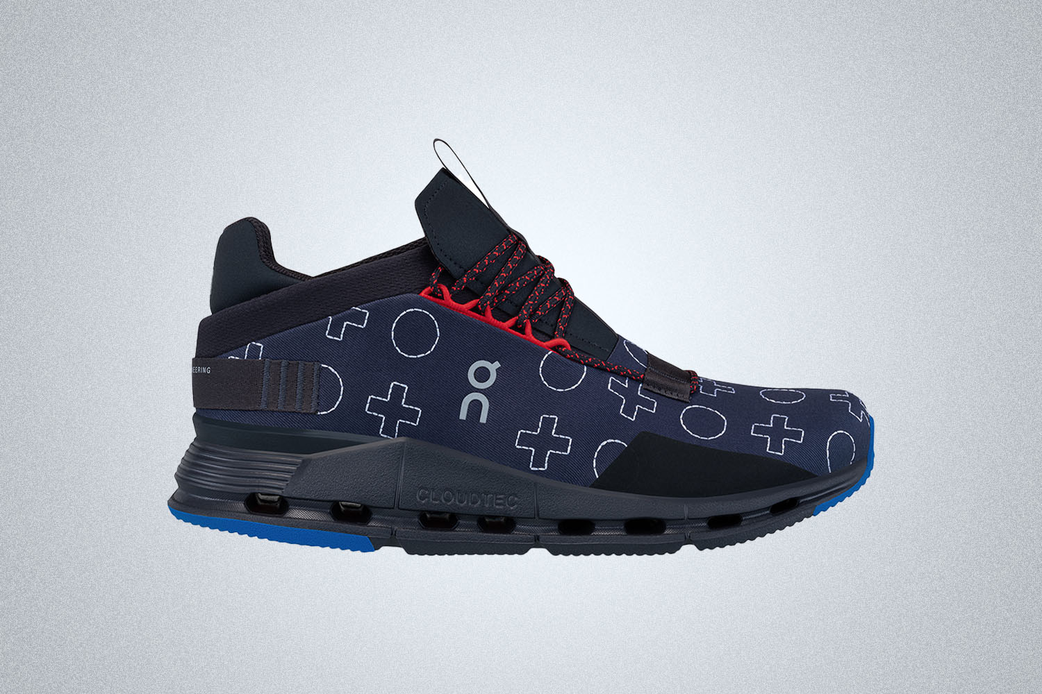 A patterned blue and black shoe from On Running