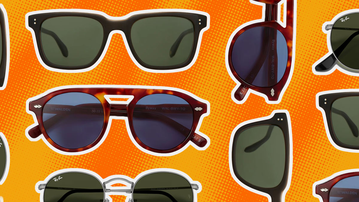 a collage of sunglasses styles on an orange and yellow background