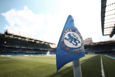The Chelsea corner flag is seen during the Premier League match between Chelsea and West Ham United at Stamford Bridge on April 24, 2022 in London, England.