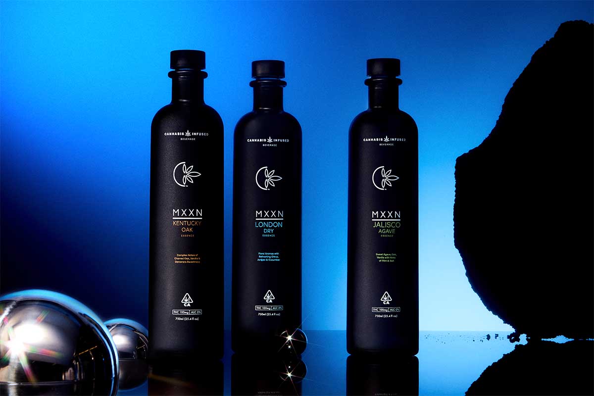 The first three bottles from MXXN, a THC-infused no-booze spirit