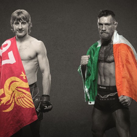 Paddy "The Baddy" Pimblett, a UFC fighter from Liverpool with a flag draped over his shoulder, next to Conor McGregor, the legendary MMA fighter from Ireland. Is Paddy the most likely successor to McGregor?