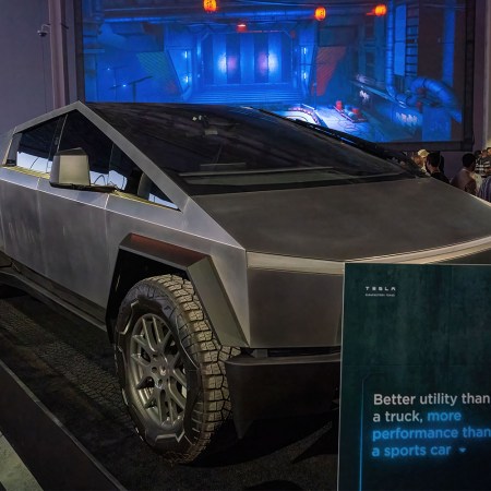 A Tesla Cybertruck on display at the Cyber Rodeo at Giga Texas, a party celebrating the opening of Tesla's new factory near Austin, Texas. Elon Musk said the Cybertruck will be produced in 2023.