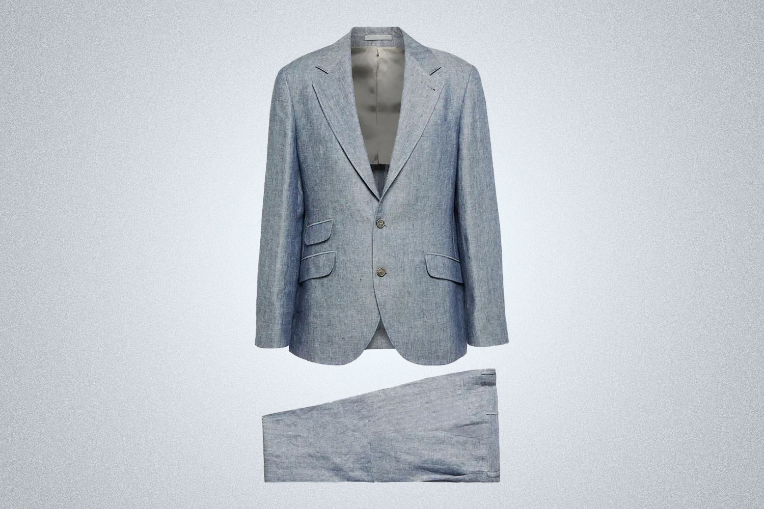 A light blue Brunello Cucinelli Suit on a grey background