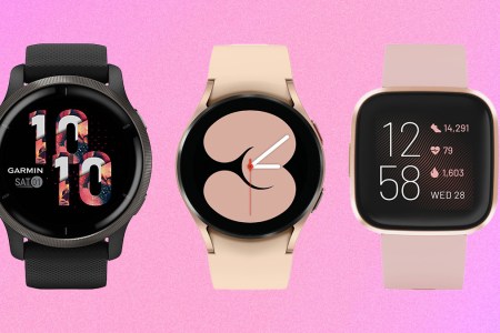 a collage of fitness wearables from Garmin, Samsung and Fitbit on a pink background
